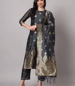 Grey embroidered cotton silk jacquard salwar suit