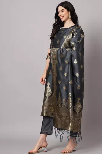 Grey embroidered cotton silk jacquard salwar suit