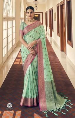 Sea Green Color Soft Silk Blend Designer Motif Saree 1
