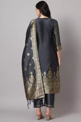 Grey embroidered cotton silk jacquard salwar suit