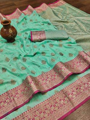 Sea Green Color Soft Silk Blend Designer Motif Saree 2