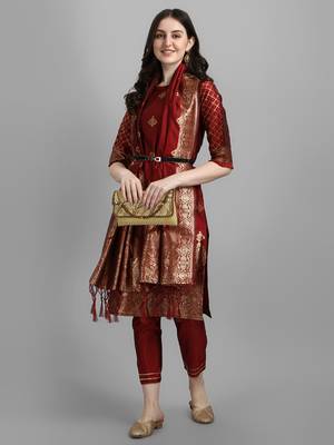 Maroon embroidered cotton silk jacquard salwar suit 2