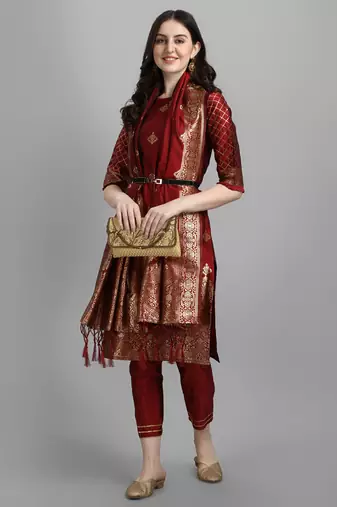 Maroon embroidered cotton silk jacquard salwar suit