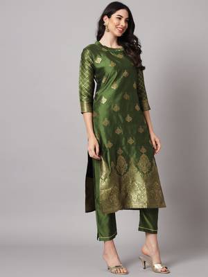 Mehndi embroidered cotton silk jacquard salwar suit 2
