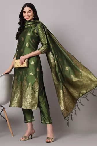 Mehndi embroidered cotton silk jacquard salwar suit