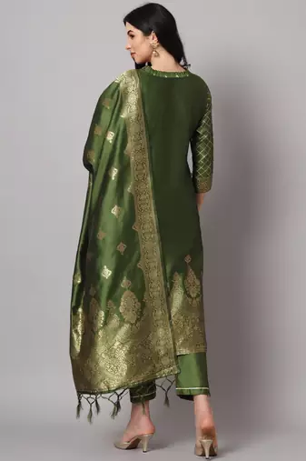 Mehndi embroidered cotton silk jacquard salwar suit