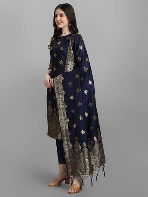 Blue embroidered cotton silk jacquard salwar suit 1