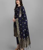 Blue embroidered cotton silk jacquard salwar suit