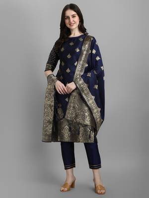 Blue embroidered cotton silk jacquard salwar suit 2