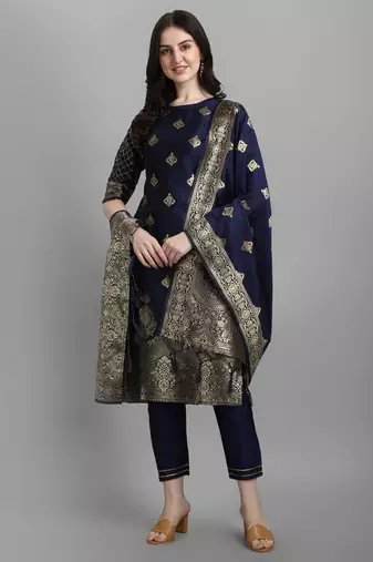 Blue embroidered cotton silk jacquard salwar suit