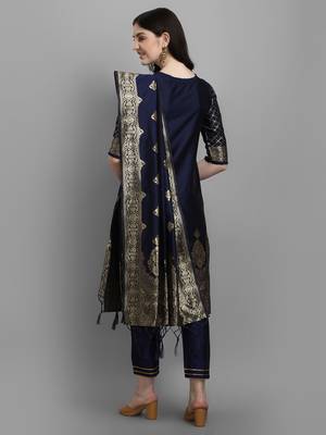 Blue embroidered cotton silk jacquard salwar suit 3
