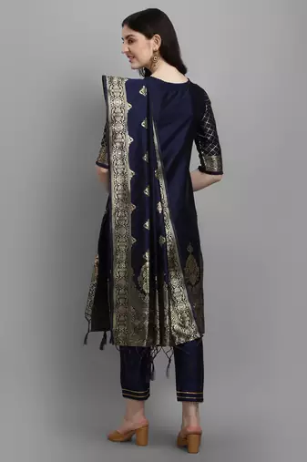Blue embroidered cotton silk jacquard salwar suit