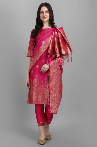 Pink embroidered cotton silk jacquard salwar suit