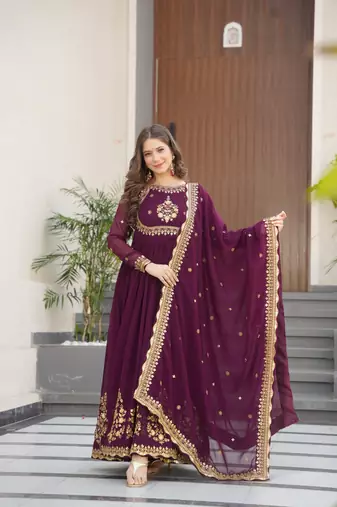 Wine Georgette Embroidery Sequins Work Long Kurtis