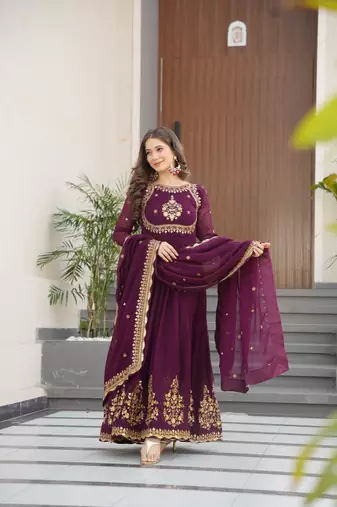 Wine Georgette Embroidery Sequins Work Long Kurtis