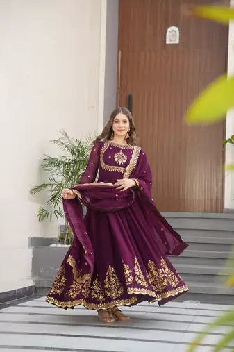 Wine Georgette Embroidery Sequins Work Long Kurtis