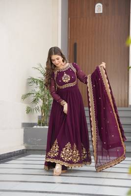 Wine Georgette Embroidery Sequins Work Long Kurtis 6