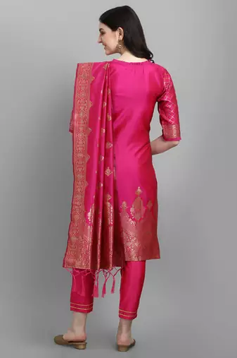 Pink embroidered cotton silk jacquard salwar suit