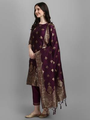 Purple embroidered cotton silk jacquard salwar suit 1