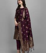 Purple embroidered cotton silk jacquard salwar suit