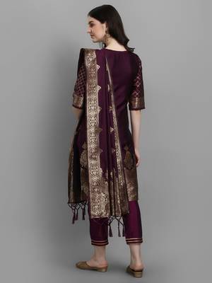 Purple embroidered cotton silk jacquard salwar suit 2