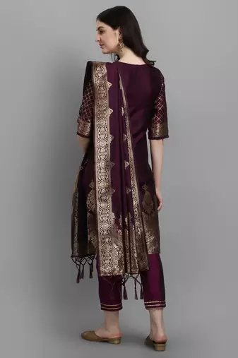 Purple embroidered cotton silk jacquard salwar suit