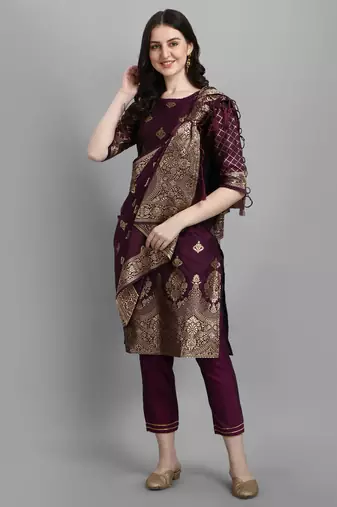 Purple embroidered cotton silk jacquard salwar suit