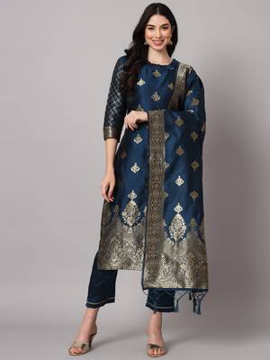 Blue embroidered cotton silk jacquard salwar suit 2