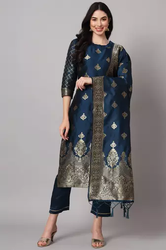 Blue embroidered cotton silk jacquard salwar suit