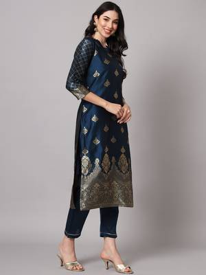 Blue embroidered cotton silk jacquard salwar suit 3