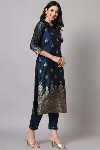 Blue embroidered cotton silk jacquard salwar suit