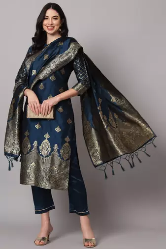 Blue embroidered cotton silk jacquard salwar suit