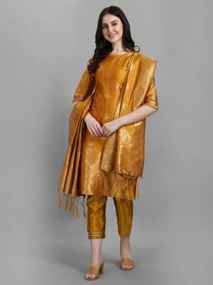 Yellow embroidered cotton silk jacquard salwar suit 1
