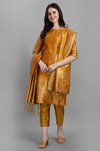 Yellow embroidered cotton silk jacquard salwar suit