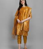 Yellow embroidered cotton silk jacquard salwar suit