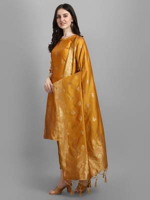 Yellow embroidered cotton silk jacquard salwar suit 2