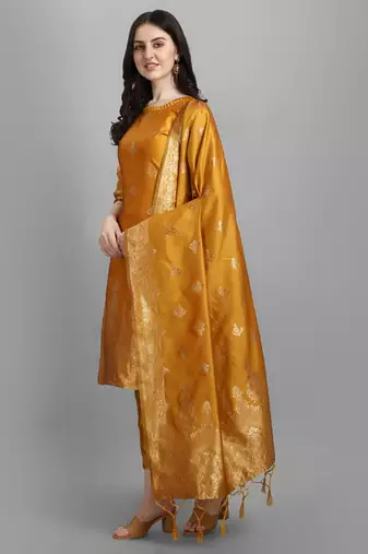 Yellow embroidered cotton silk jacquard salwar suit