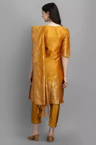Yellow embroidered cotton silk jacquard salwar suit