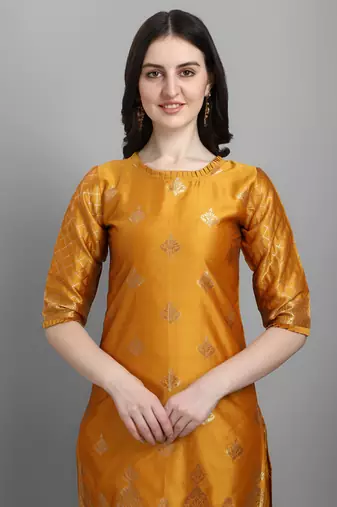 Yellow embroidered cotton silk jacquard salwar suit