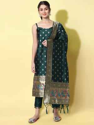 Green embroidered cotton silk jacquard salwar suit 1