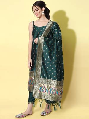 Green embroidered cotton silk jacquard salwar suit 2