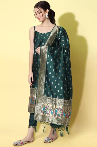 Green embroidered cotton silk jacquard salwar suit