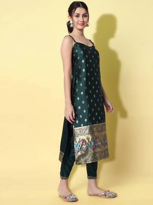 Green embroidered cotton silk jacquard salwar suit 3