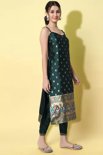 Green embroidered cotton silk jacquard salwar suit