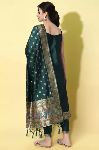 Green embroidered cotton silk jacquard salwar suit