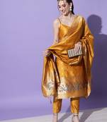 Mustard embroidered cotton silk jacquard salwar suit