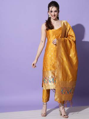 Mustard embroidered cotton silk jacquard salwar suit 2