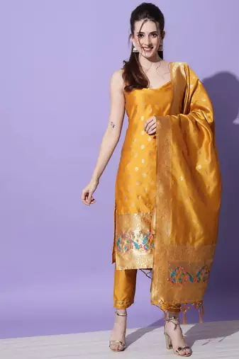 Mustard embroidered cotton silk jacquard salwar suit