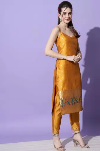 Mustard embroidered cotton silk jacquard salwar suit
