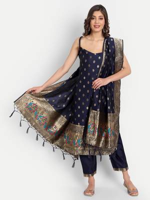 Blue embroidered cotton silk jacquard salwar suit 1
